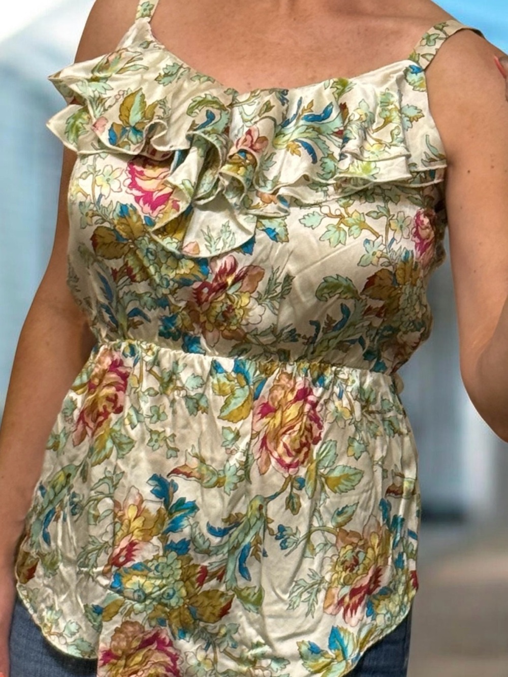 Amanda Uprichard Cream Floral Top with Teal, Blue & Pink Accents
